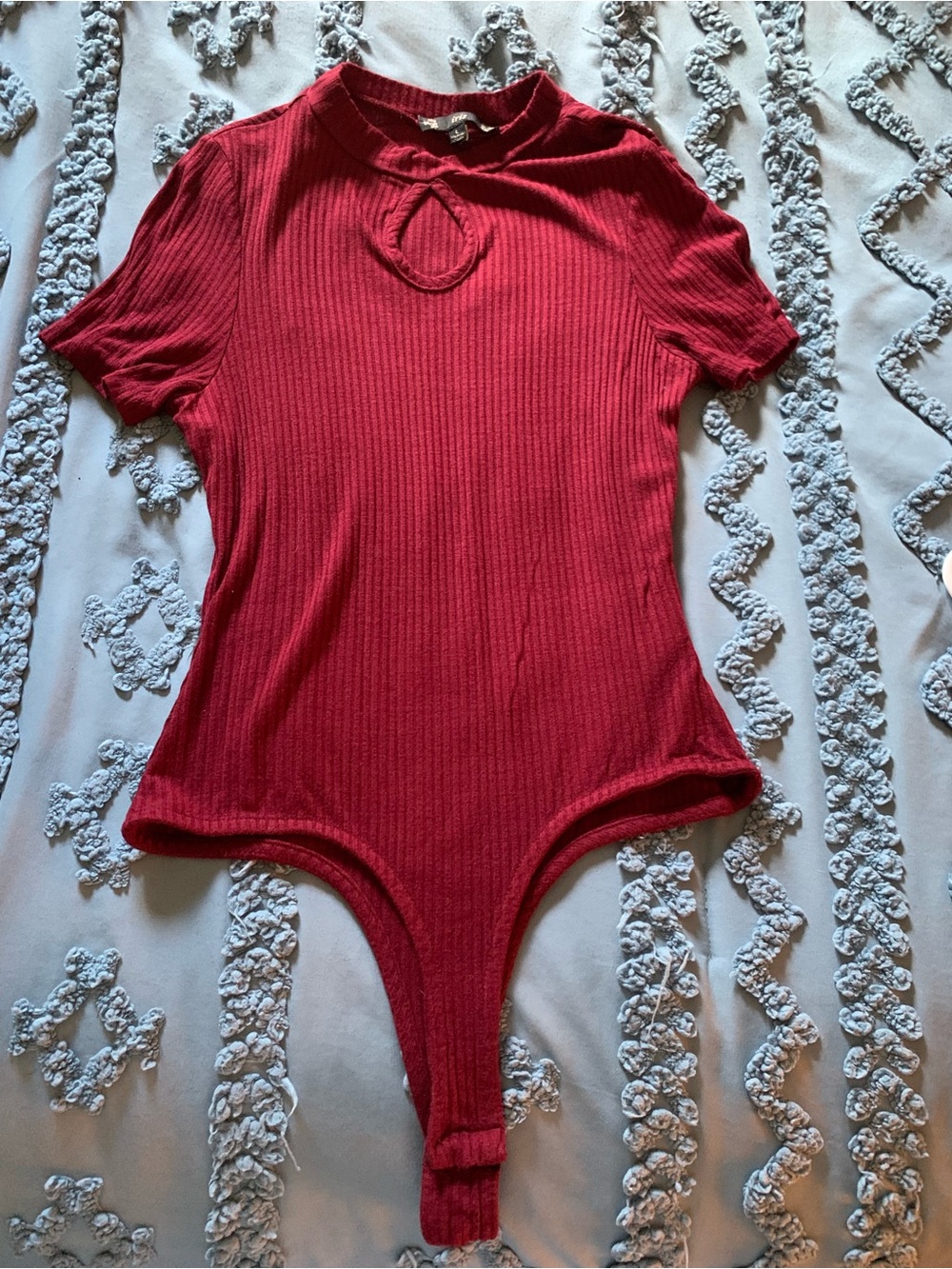 Dark Red Ribbed Short Sleeve Keyhole Bodysuit by iris